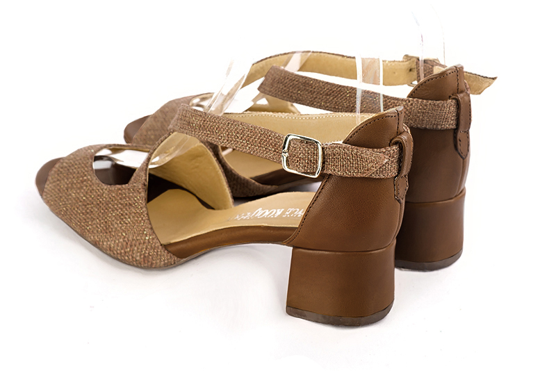 Caramel brown women's closed back sandals, with crossed straps. Round toe. Low flare heels. Rear view - Florence KOOIJMAN